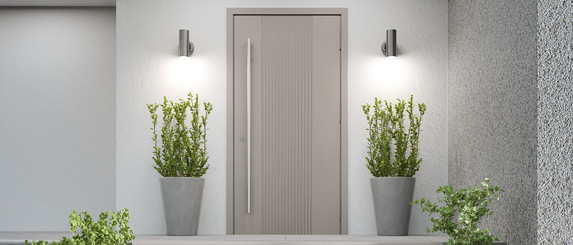Zeitgemäße Haustür in einem minimalistisch gestalteten Wohnbereich
